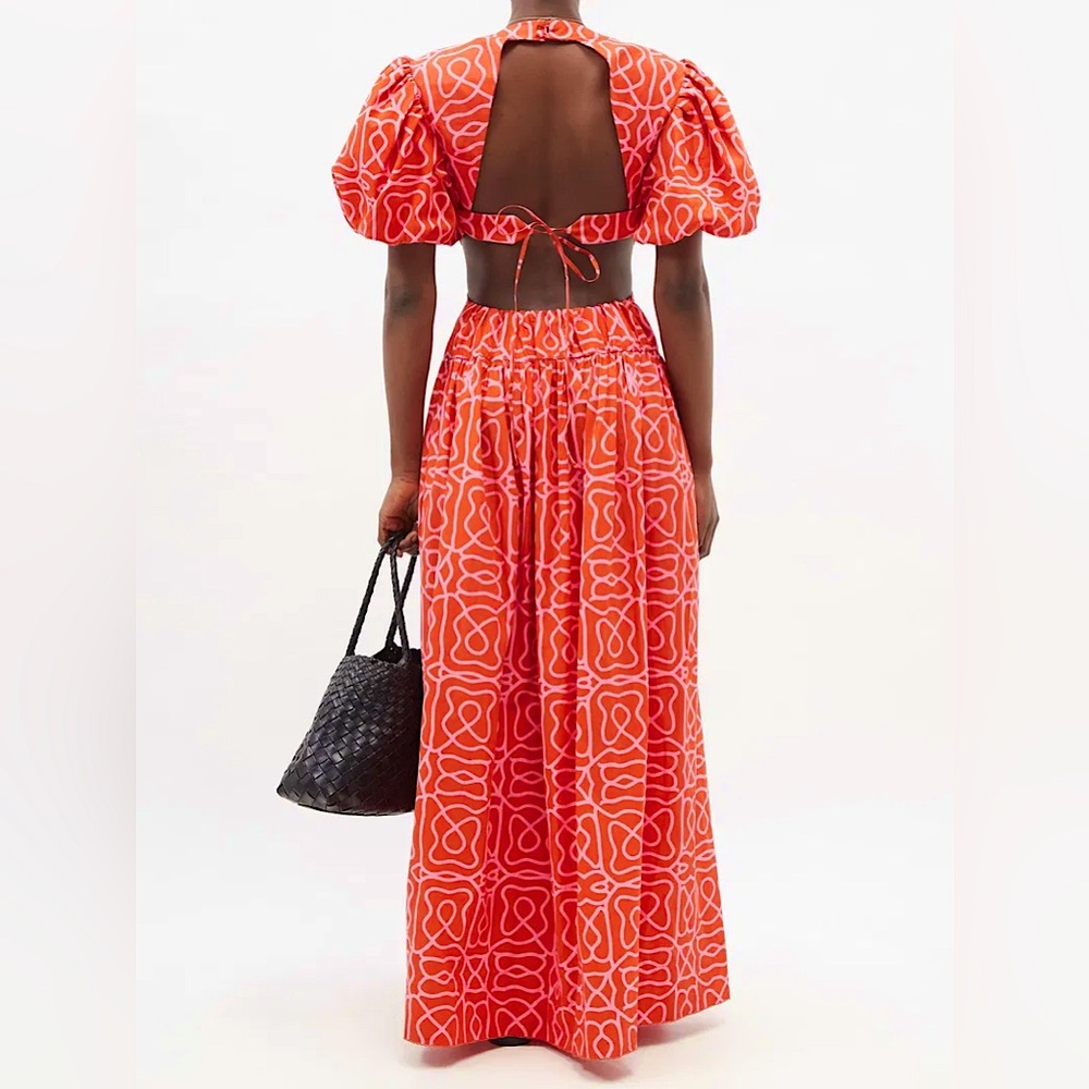 Agua Bendita Samba Cut-Out Cotton Dress in Red Print